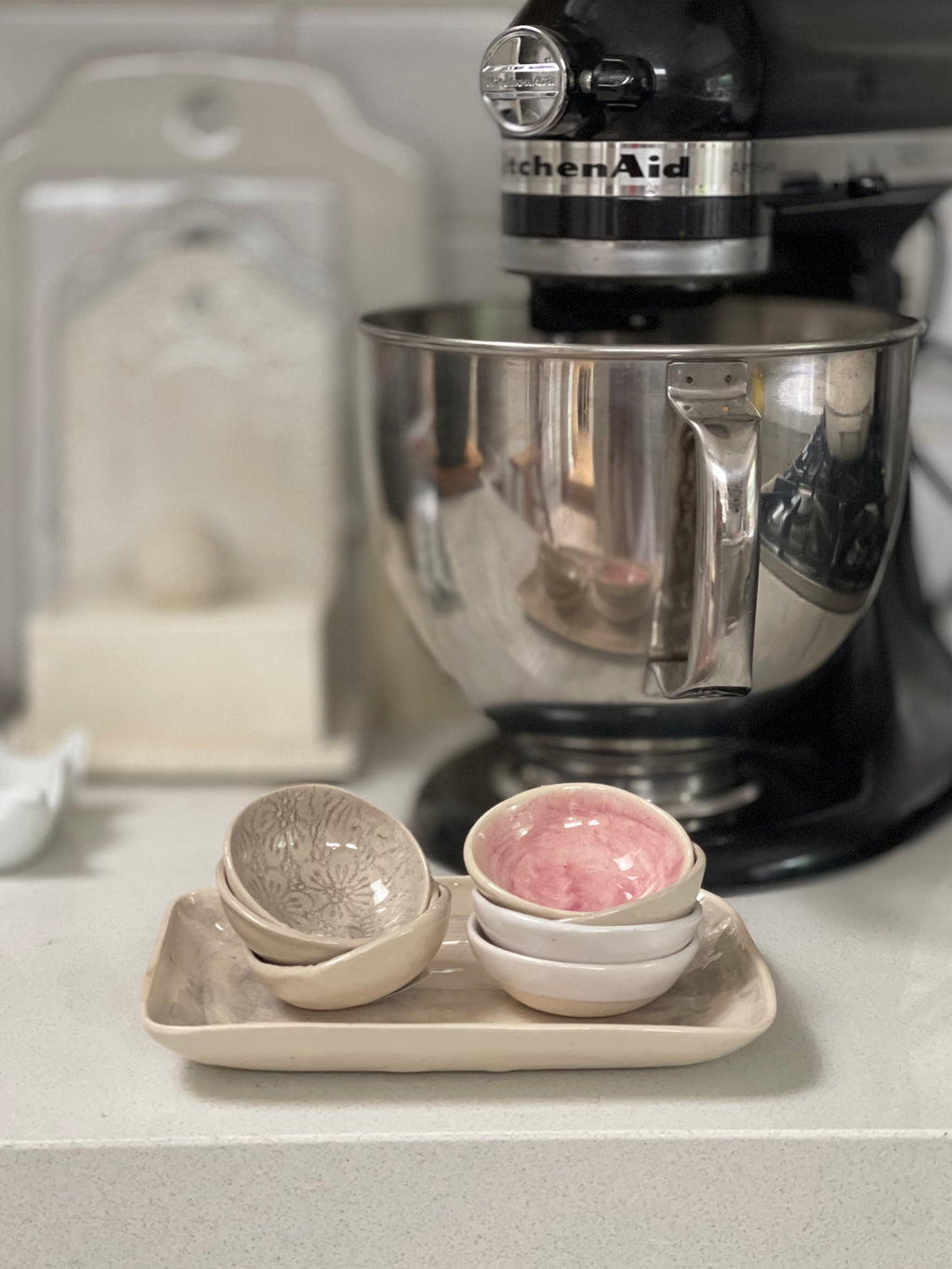 Wonki ware Salt Cellar dish in Plain white wash, Patterned warm grey and Plain pink wash