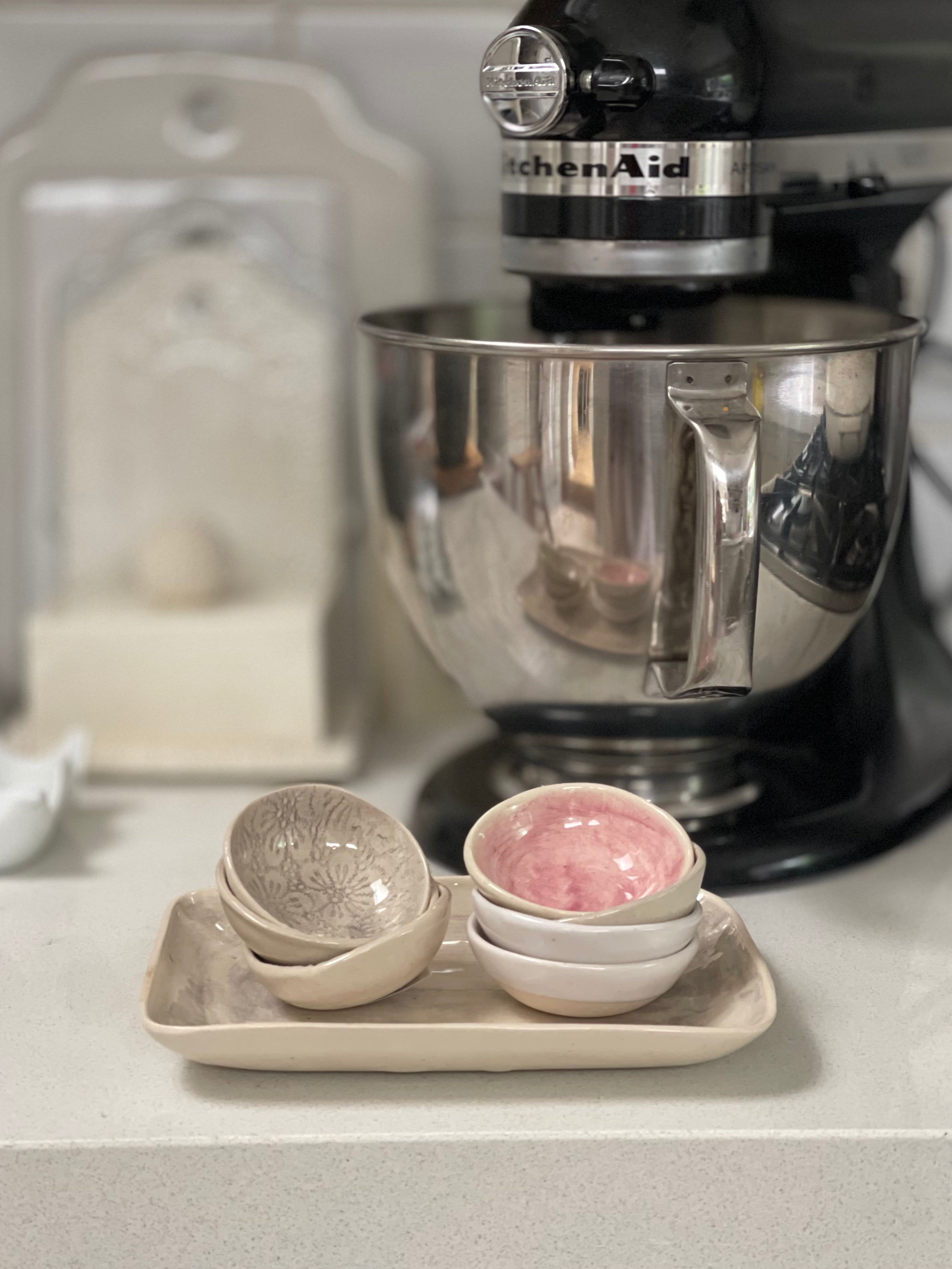 Wonki ware Salt Cellar dish in Plain white wash, Patterned warm grey and Plain pink wash