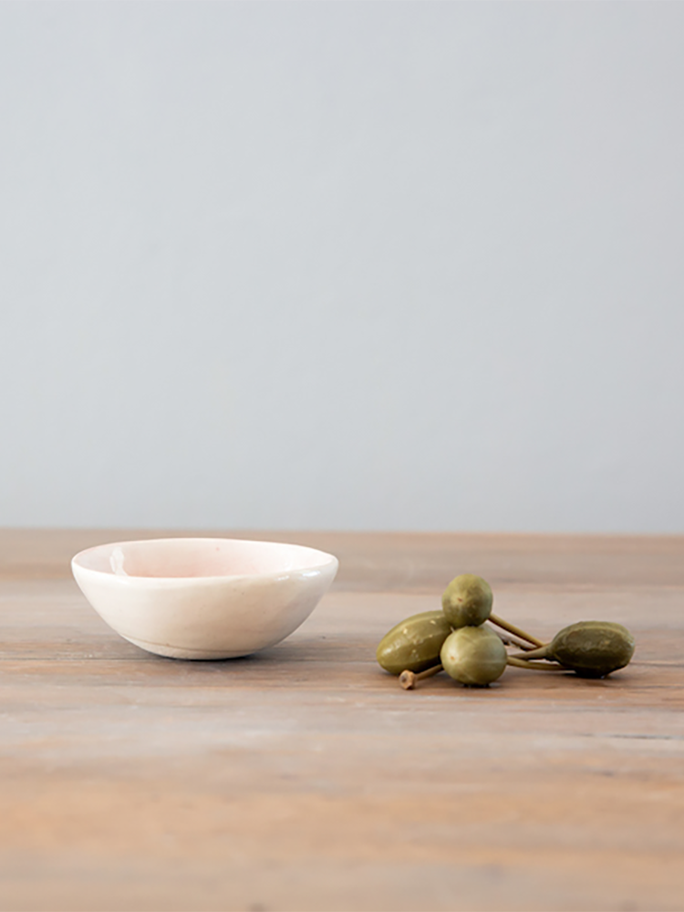 Wonki ware Salt Cellar dish in Plain white wash, Patterned warm grey and Plain pink wash