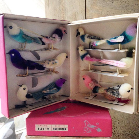 Boxed Set of 12 Vintage Chenille birds circa 1970's - Decorative Antiques UK  - 1