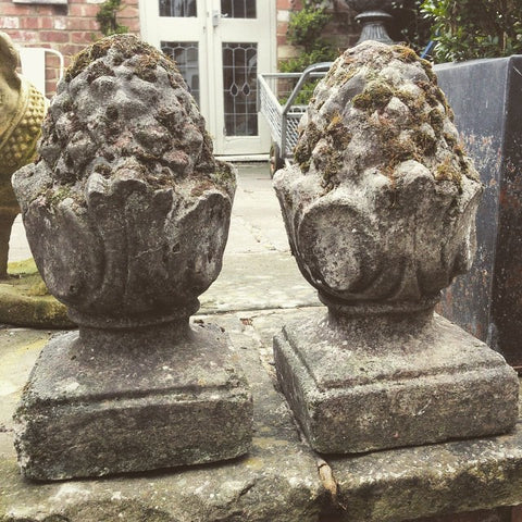 Gorgeous Pair Vintage Composite Stone Acorn Finials - Decorative Antiques UK 
