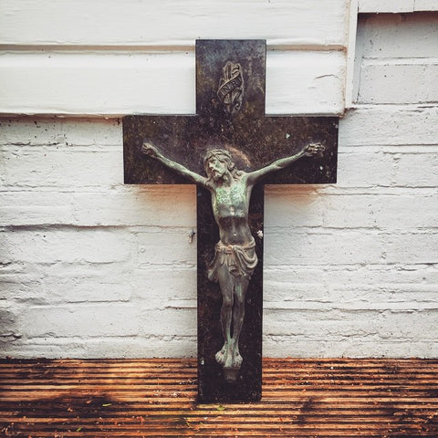 Vintage French Marble Crucifix with Verdigris Jesus figurine - Decorative Antiques UK  - 1