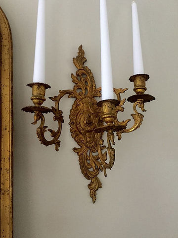 Pair Pretty Antique French Gilt Three Arm Candle Sconces - Decorative Antiques UK  - 1
