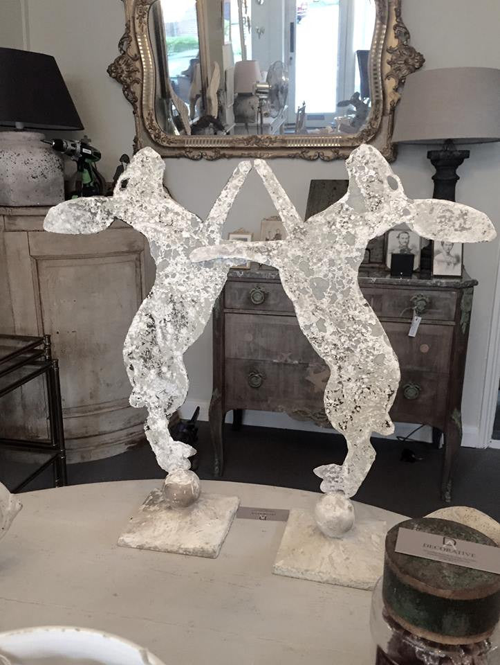 Gorgeous Pair Aged Metal Boxing Hares on Stands - Decorative Antiques UK  - 3