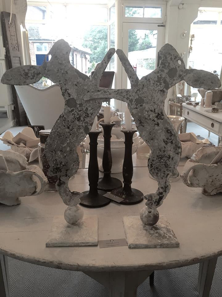 Gorgeous Pair Aged Metal Boxing Hares on Stands - Decorative Antiques UK  - 4