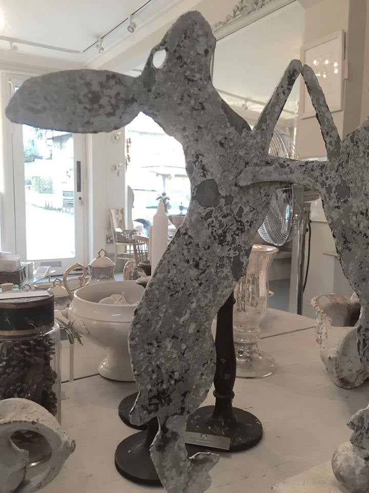 Gorgeous Pair Aged Metal Boxing Hares on Stands - Decorative Antiques UK  - 6