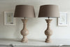 Stunning Pair Carved Wood Table Lamps with Linen Shades - Decorative Antiques UK  - 2