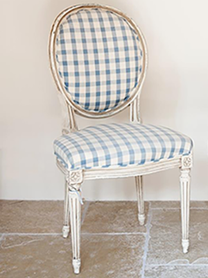 Pair Vintage French Dining chairs with blue and white checked upholstery - Decorative Antiques UK  - 1