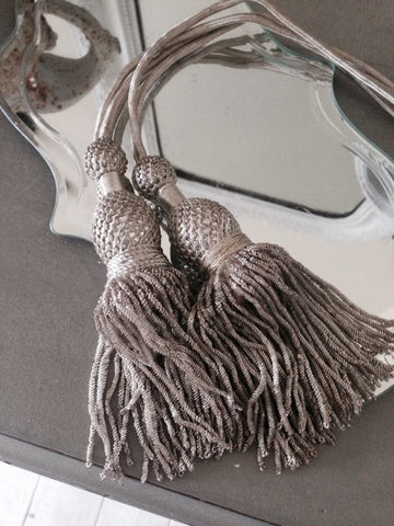 Two Gorgeous Antique French Silver Metallic Tassels with Bullion Cord - Decorative Antiques UK  - 1