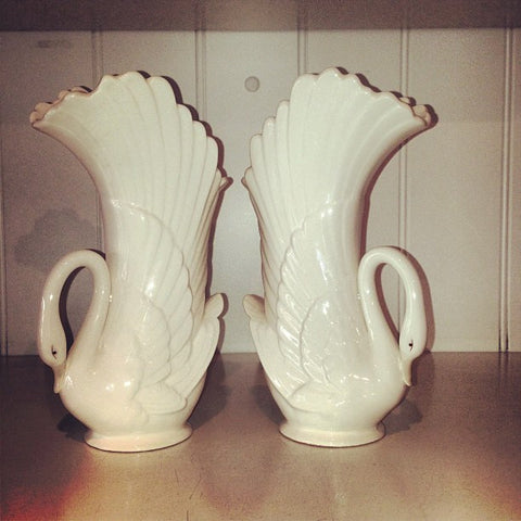 Pair Vintage Mark and Rosendale Swan China Vases - Decorative Antiques UK 