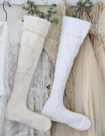 Jeanne D'Arc Living Christmas Stockings in White and Tea stained - Decorative Antiques UK  - 1