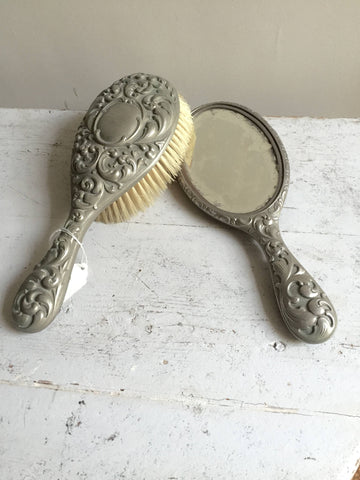 Victorian Silver Plated Brush and Hand Mirror - Decorative Antiques UK  - 1