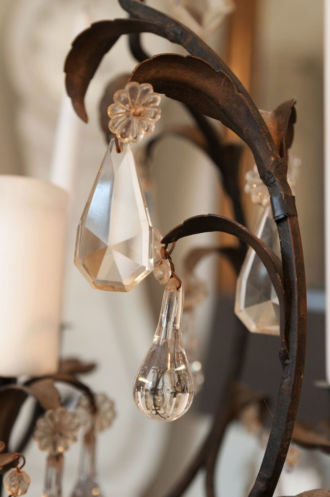 Antique 19th Century French Wrought Iron and Crystal Candelabra