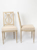 Pair antique French upholstered lyre back chairs with old paint