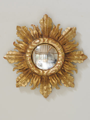 Rare Tiny French Wood Gilt Sunburst Mirror