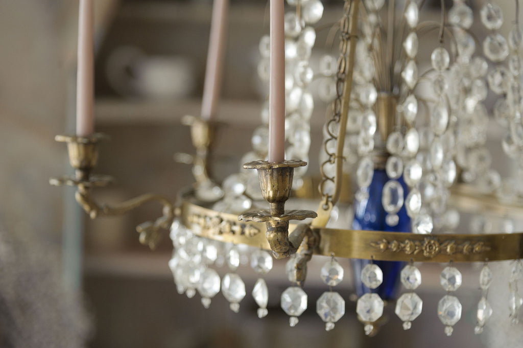 Antique Swedish Brass and Crystal Chandelier Candelabra