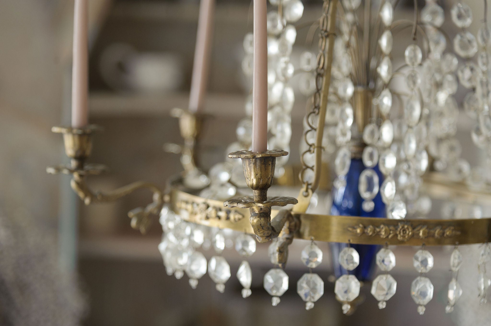 Antique Swedish Brass and Crystal Chandelier Candelabra