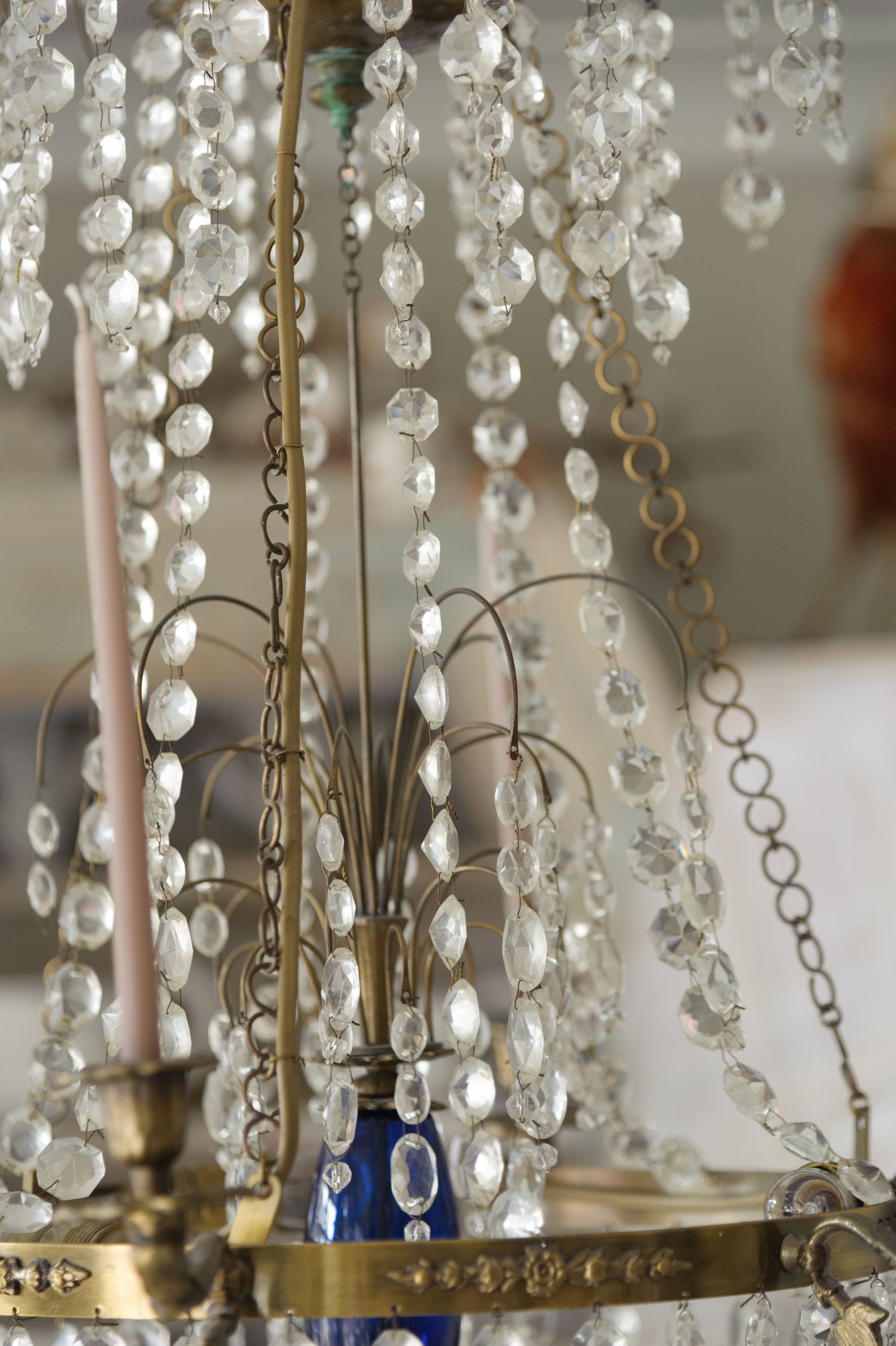 Antique Swedish Brass and Crystal Chandelier Candelabra