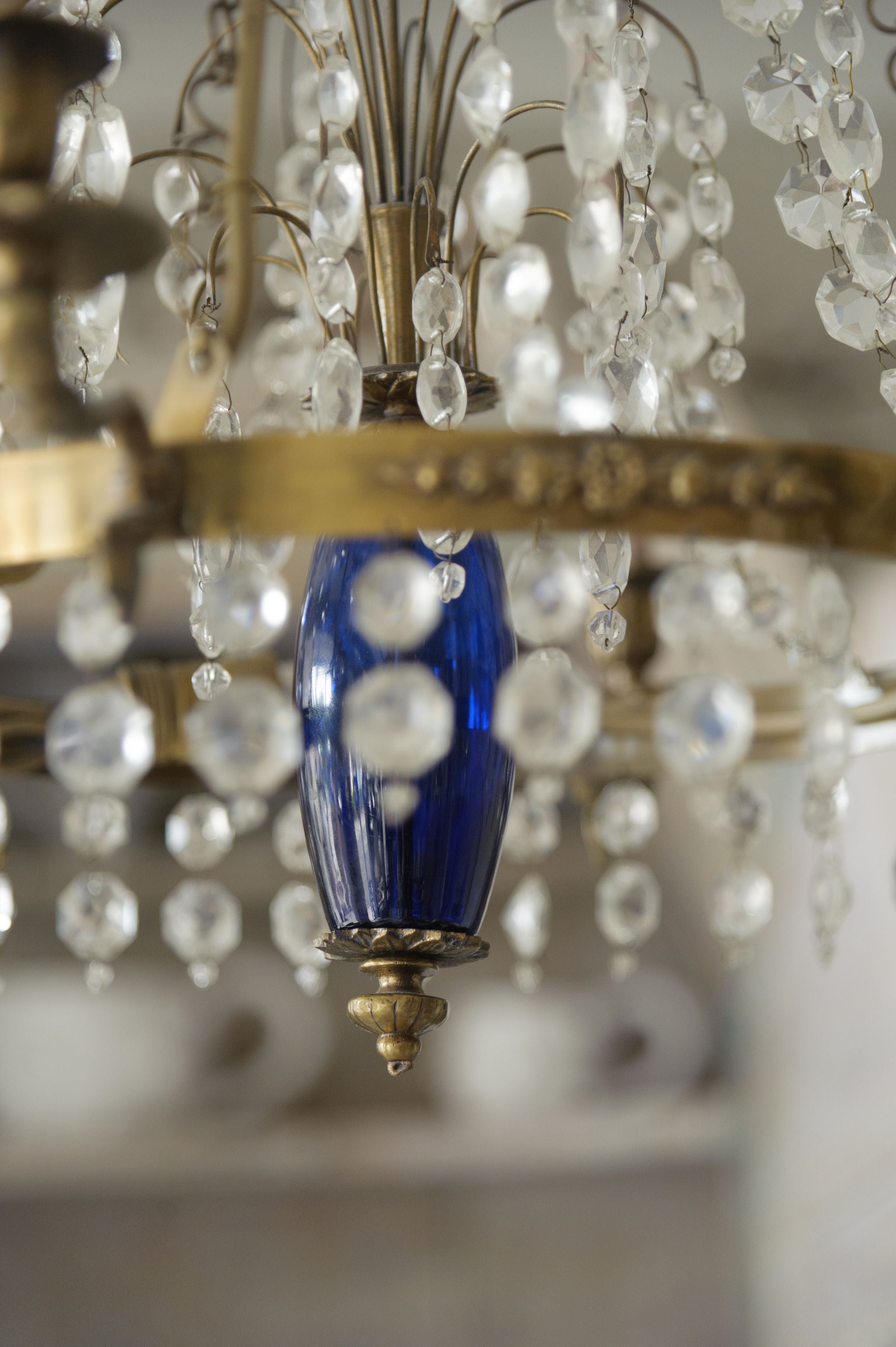 Antique Swedish Brass and Crystal Chandelier Candelabra