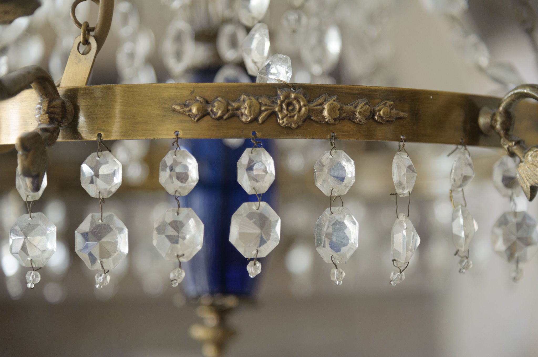 Antique Swedish Brass and Crystal Chandelier Candelabra