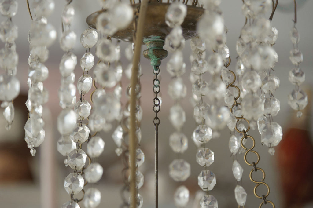 Antique Swedish Brass and Crystal Chandelier Candelabra