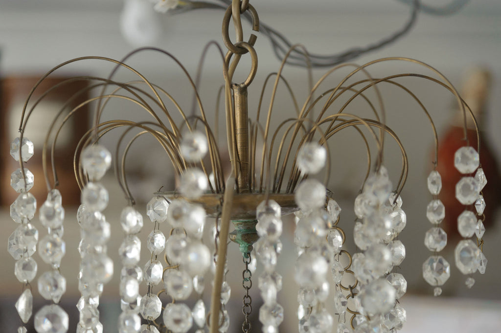 Antique Swedish Brass and Crystal Chandelier Candelabra