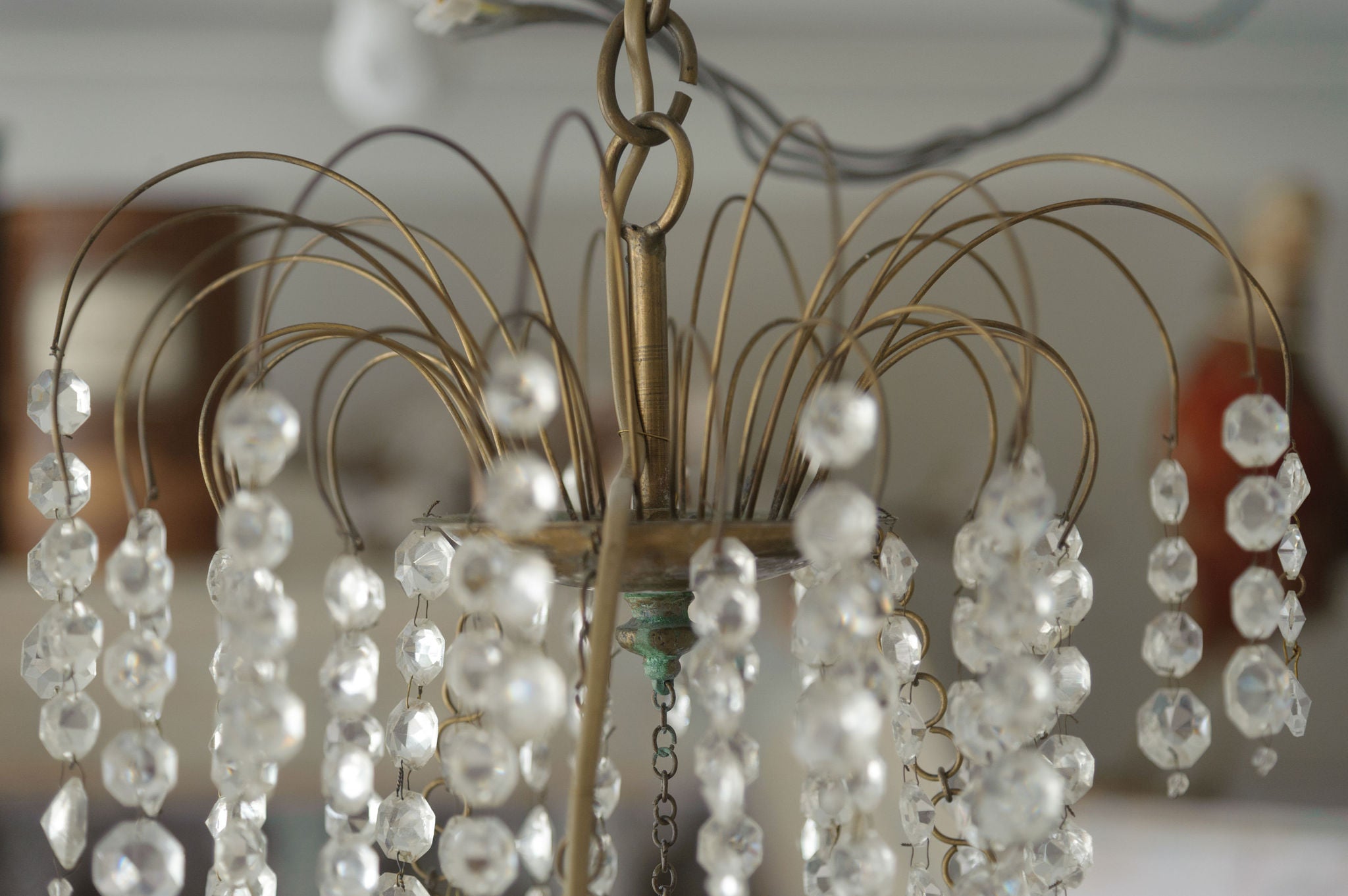 Antique Swedish Brass and Crystal Chandelier Candelabra