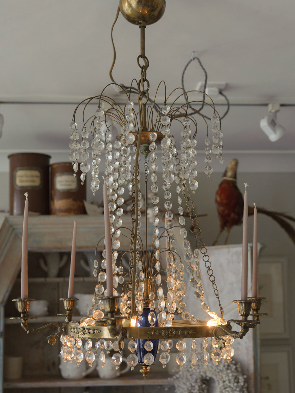 Antique Swedish Brass and Crystal Chandelier Candelabra