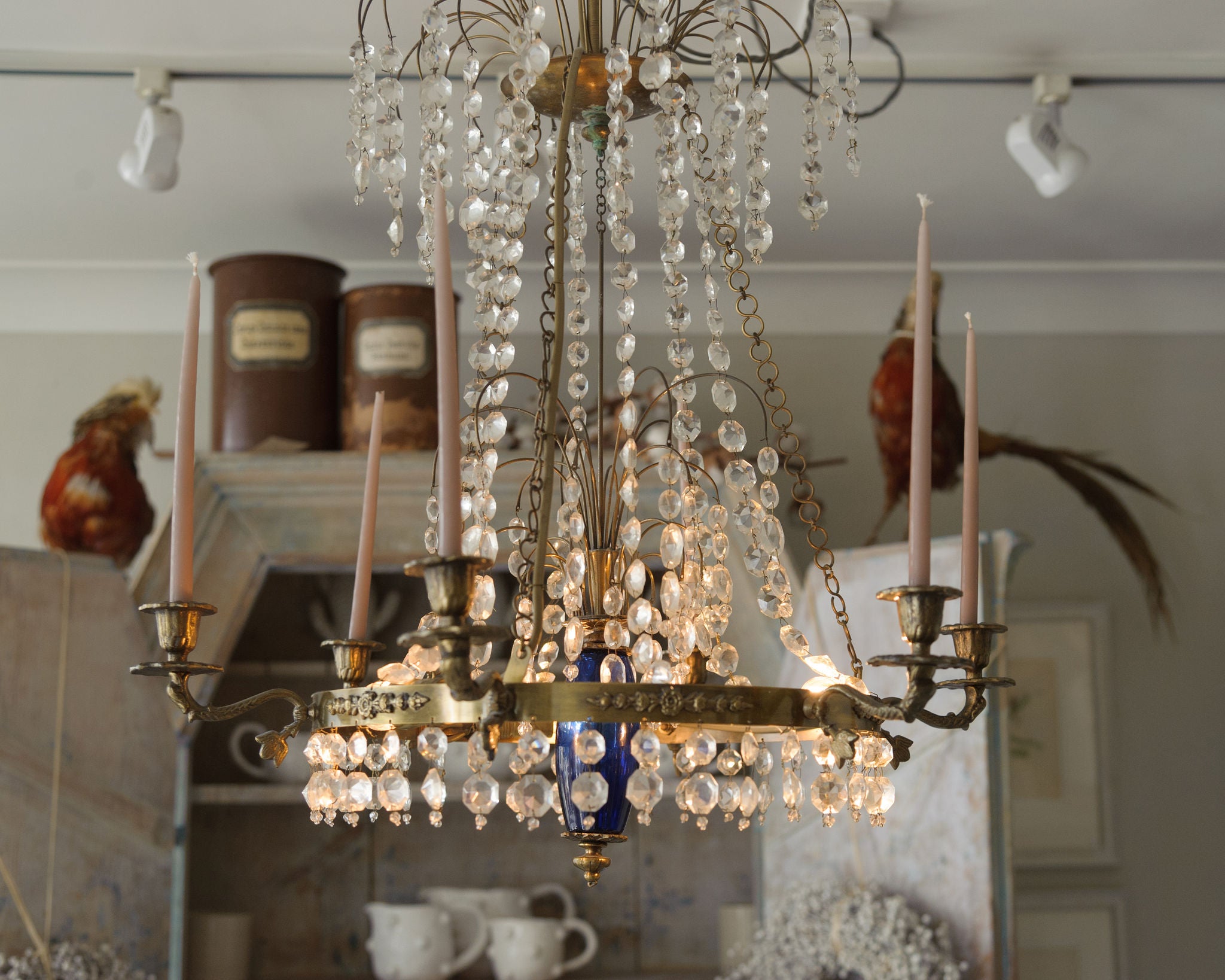 Antique Swedish Brass and Crystal Chandelier Candelabra