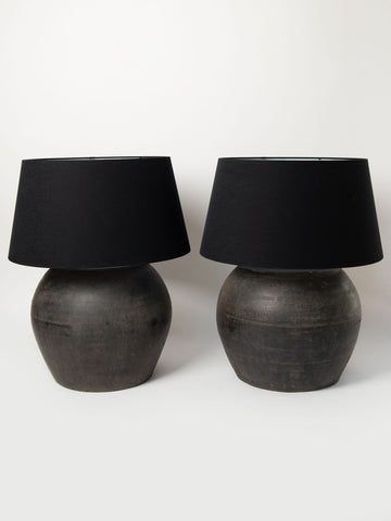 Beautiful pair Dutch black jar lamps with black shades