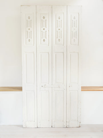 Beautiful Pair White Antique French Shutters with cut out design to top panels - Decorative Antiques UK  - 1