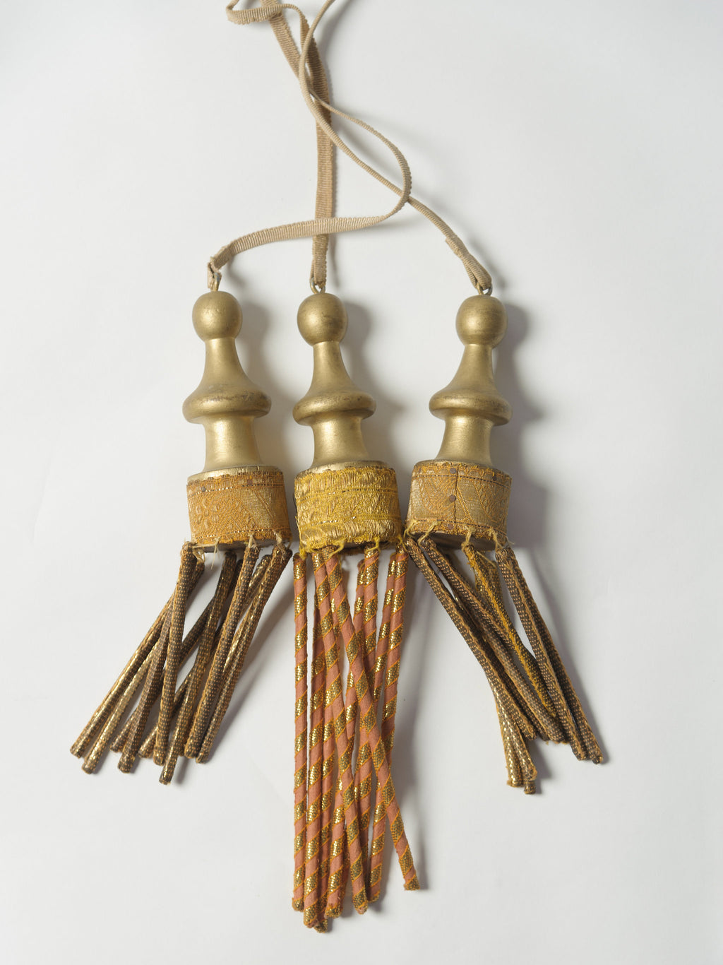 ANTIQUE ITALIAN CHURCH GILT WOOD AND FABRIC TASSELS