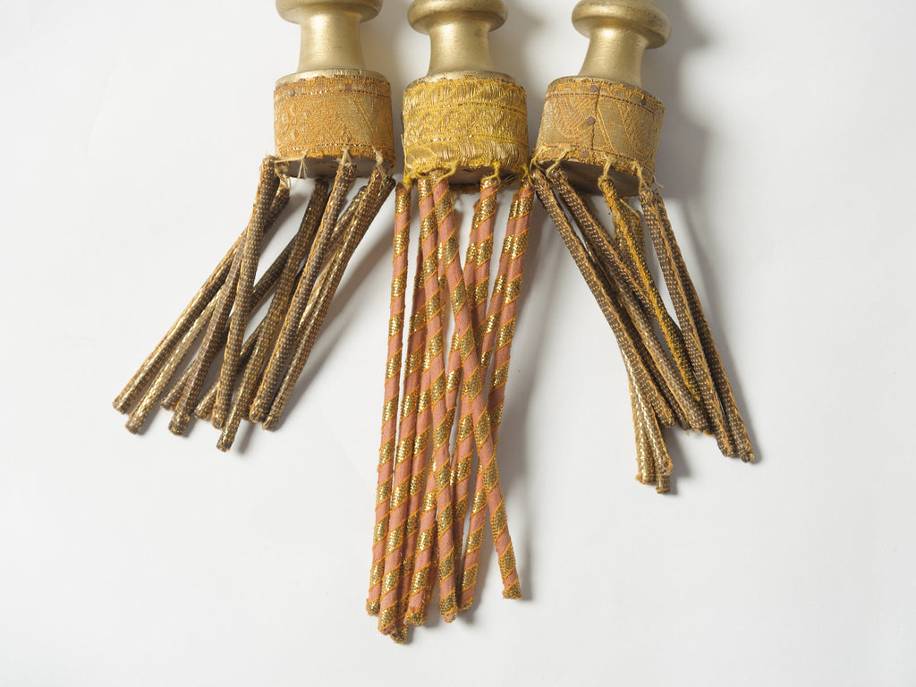 ANTIQUE ITALIAN CHURCH GILT WOOD AND FABRIC TASSELS