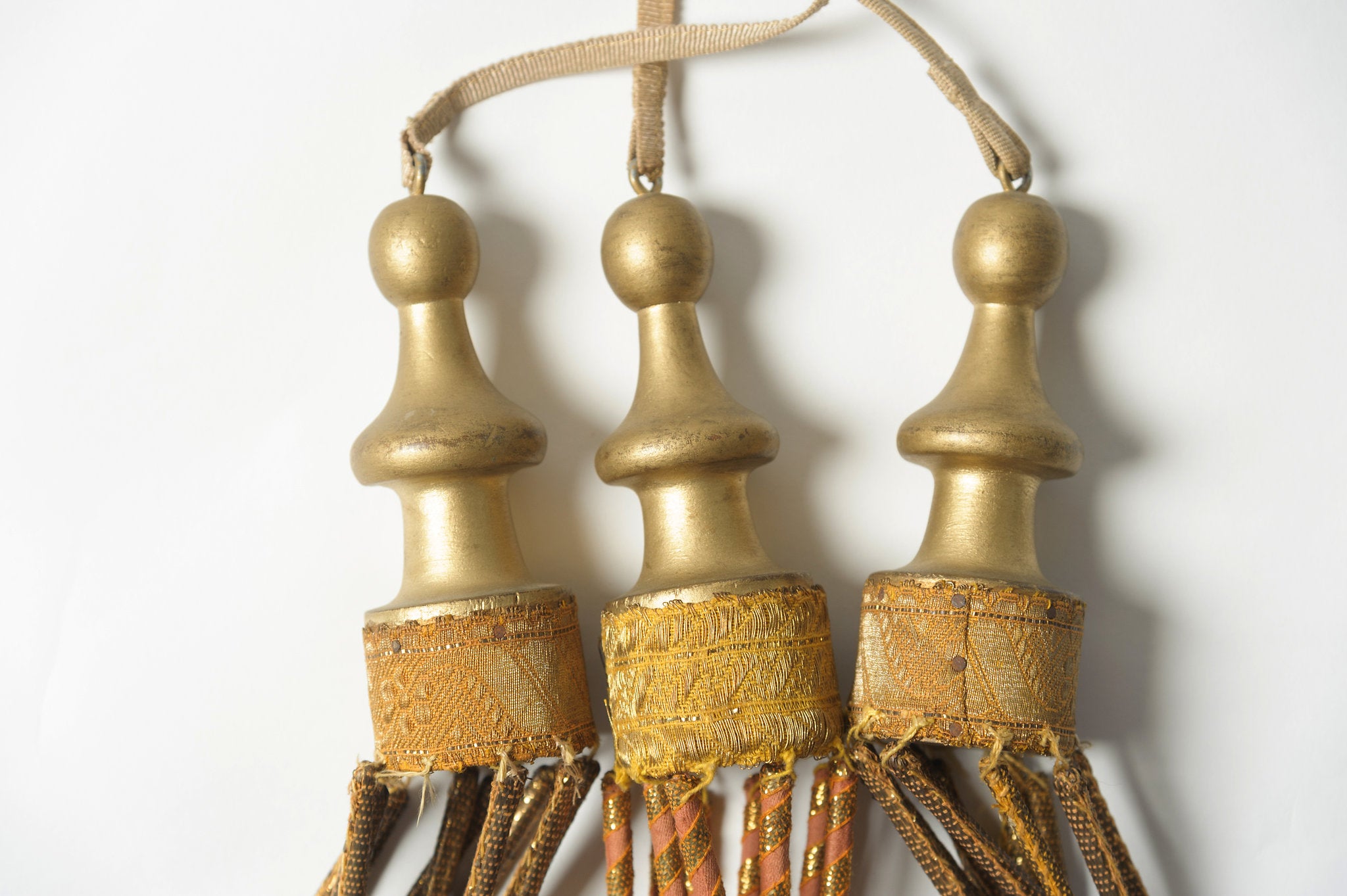 ANTIQUE ITALIAN CHURCH GILT WOOD AND FABRIC TASSELS