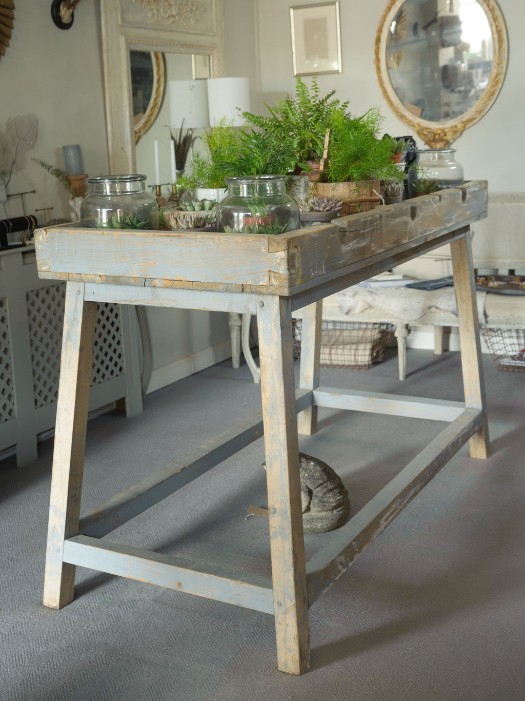 Antique French Potting Bench Table with original paint