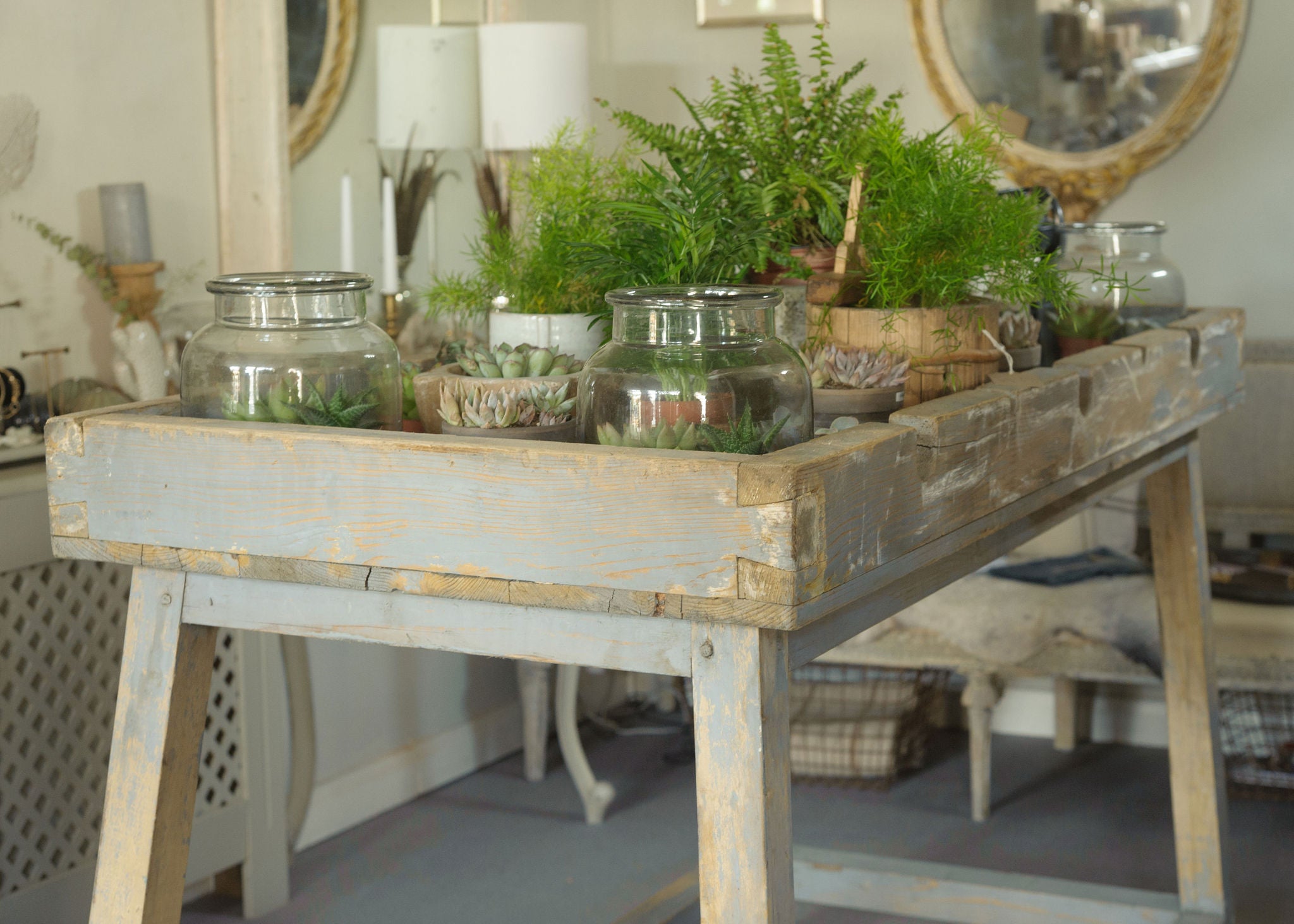 Antique French Potting Bench Table with original paint