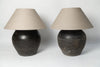 Dutch black pottery jar lamps with linen shades