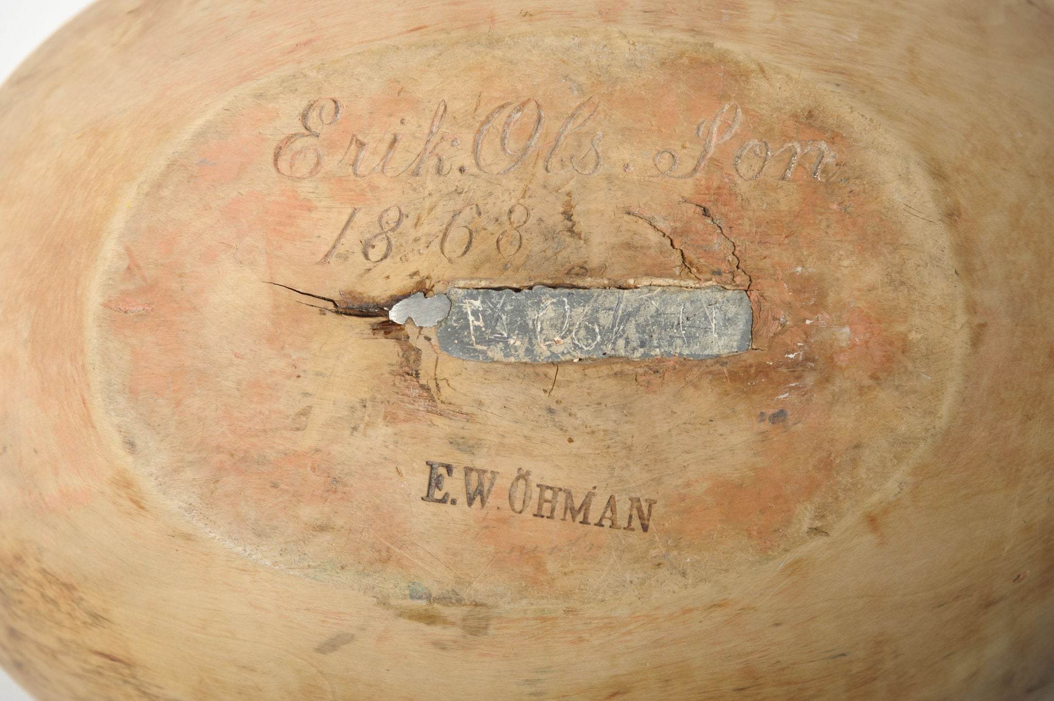 Antique Swedish Root Bowl with inscription and metal repairs