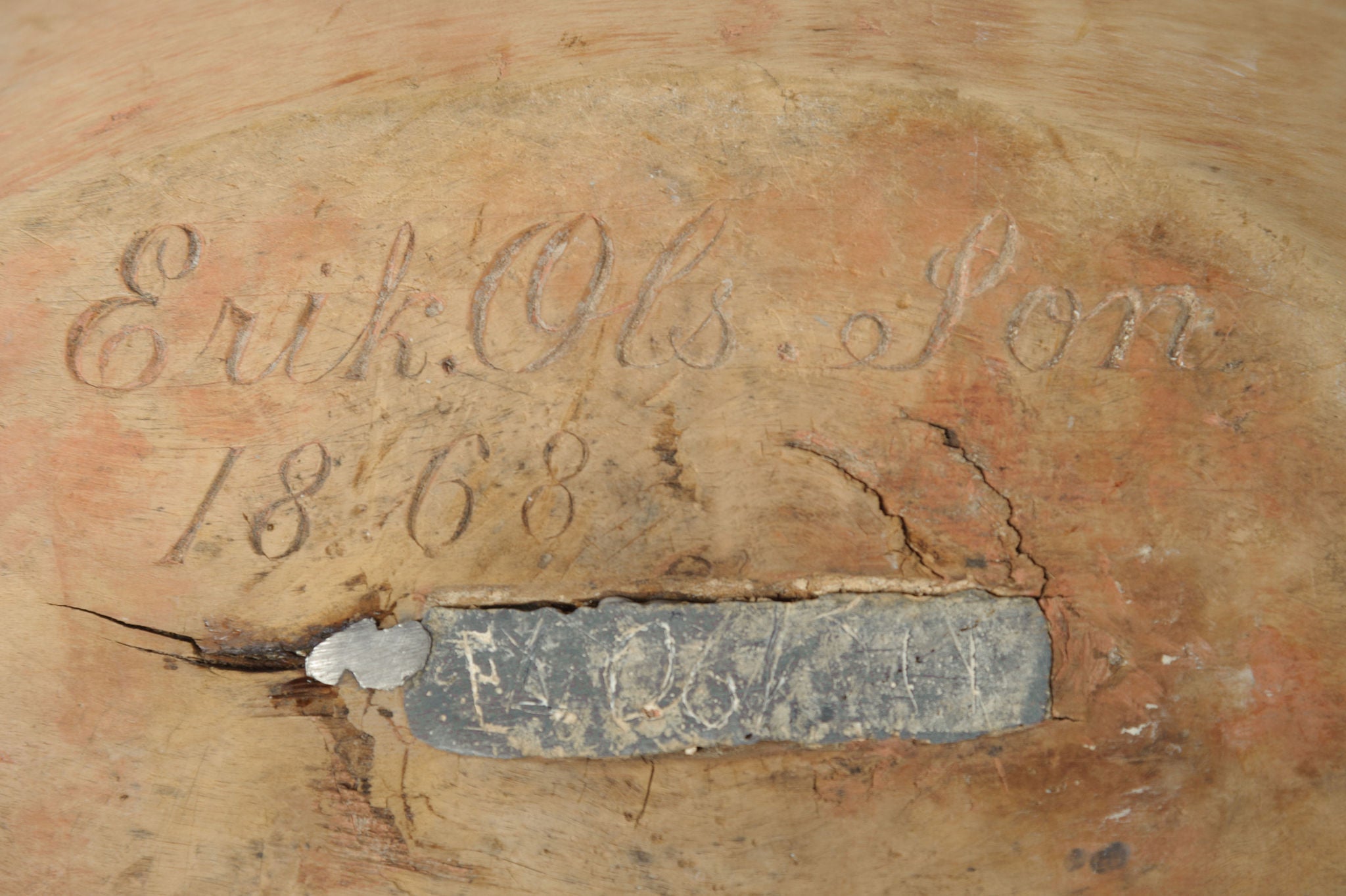 Antique Swedish Root Bowl with inscription and metal repairs