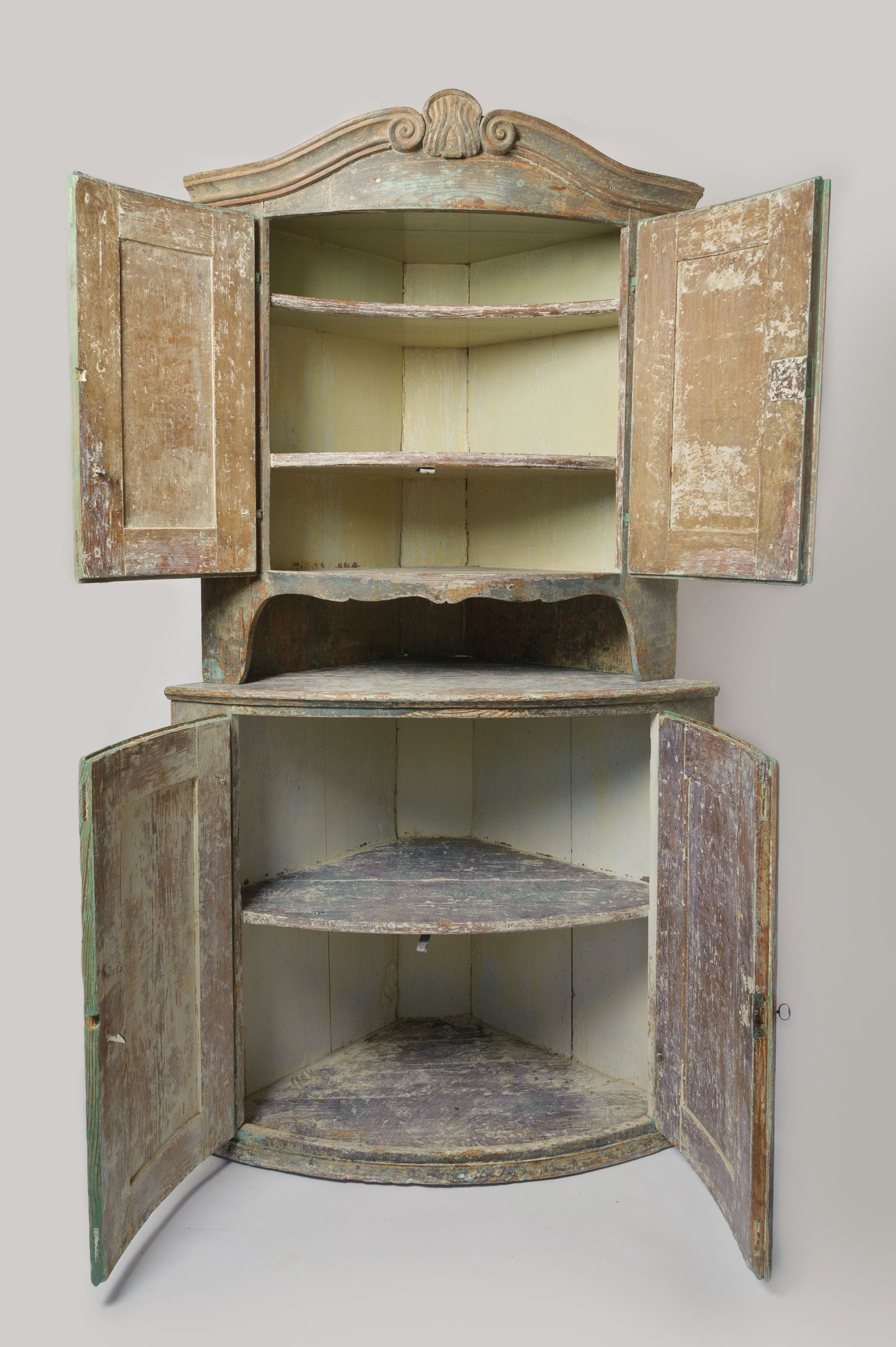 Amazing Antique 19th Century Swedish Corner Cupboard, Dry Scraped