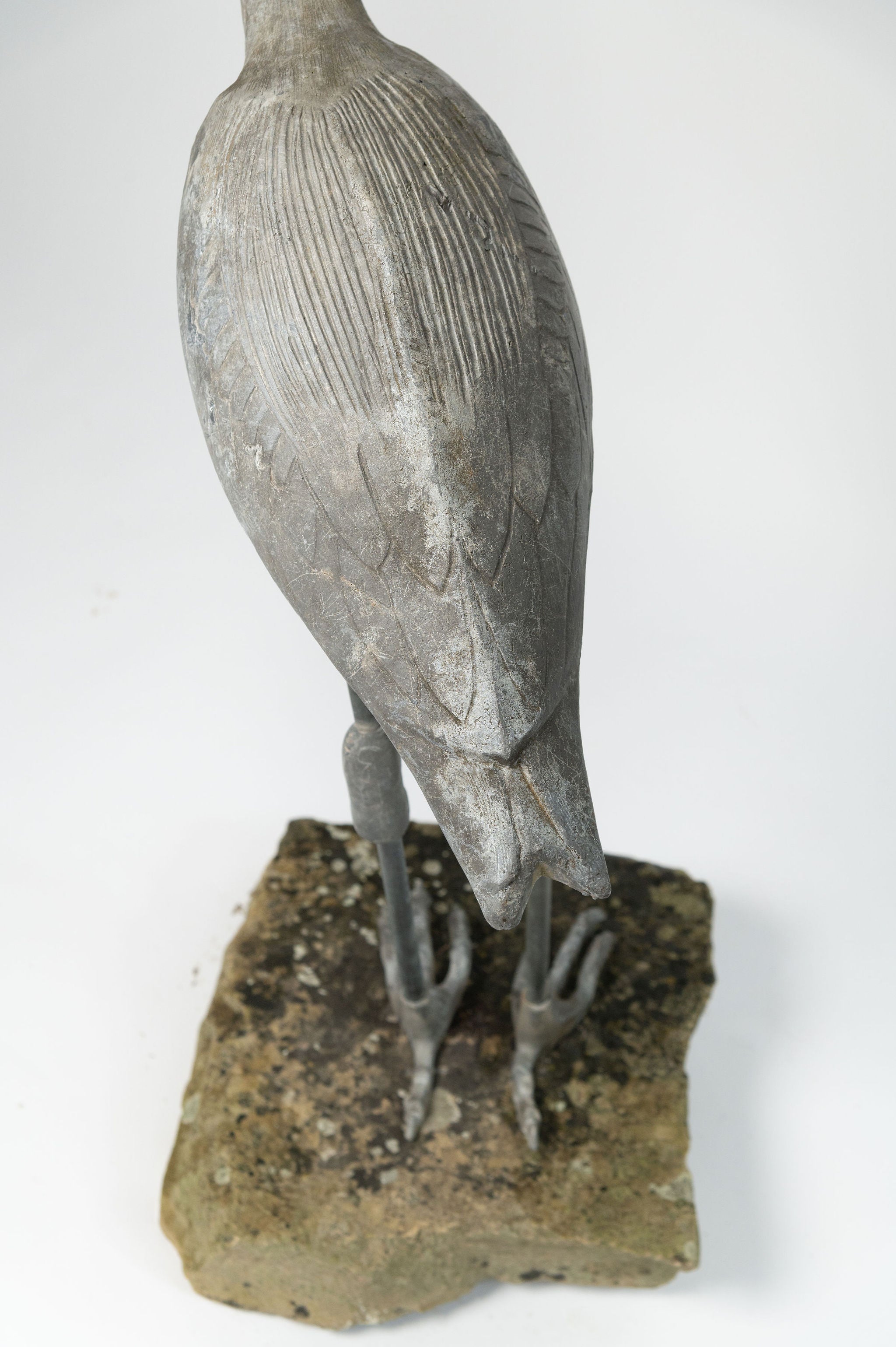 Amazing antique lead heron on stone stand plinth