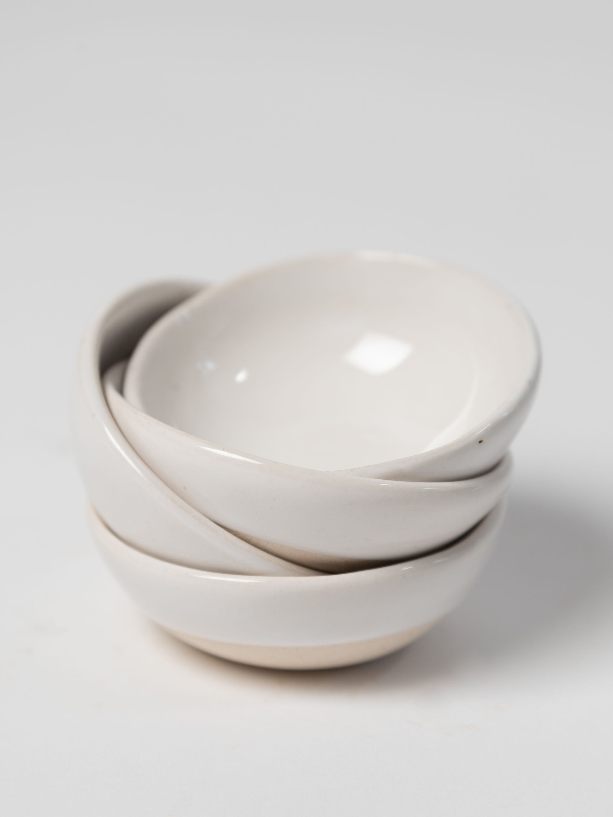 Wonki ware Salt Cellar dish in Plain white wash, Patterned warm grey and Plain pink wash