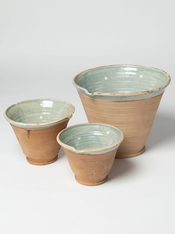 Hungarian terracotta nesting bowls with pouring spouts, pale green colourway