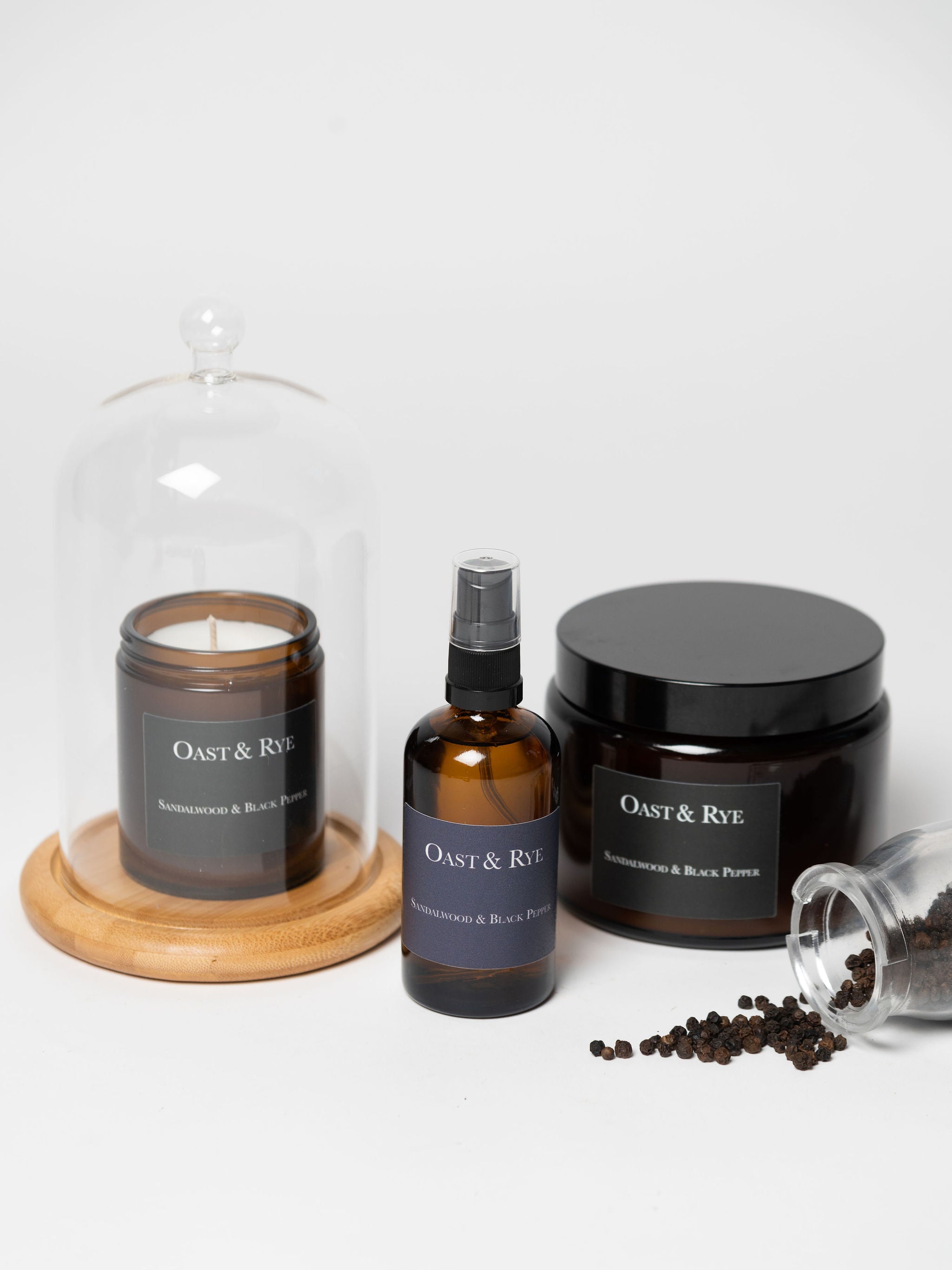 Oast and Rye Sandalwood & Black Pepper candles and room spray