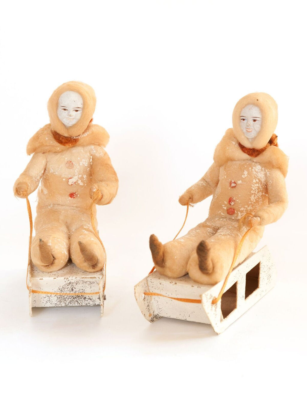 Pair Vintage 1940's Cotton Spun Batting Children on Sledges