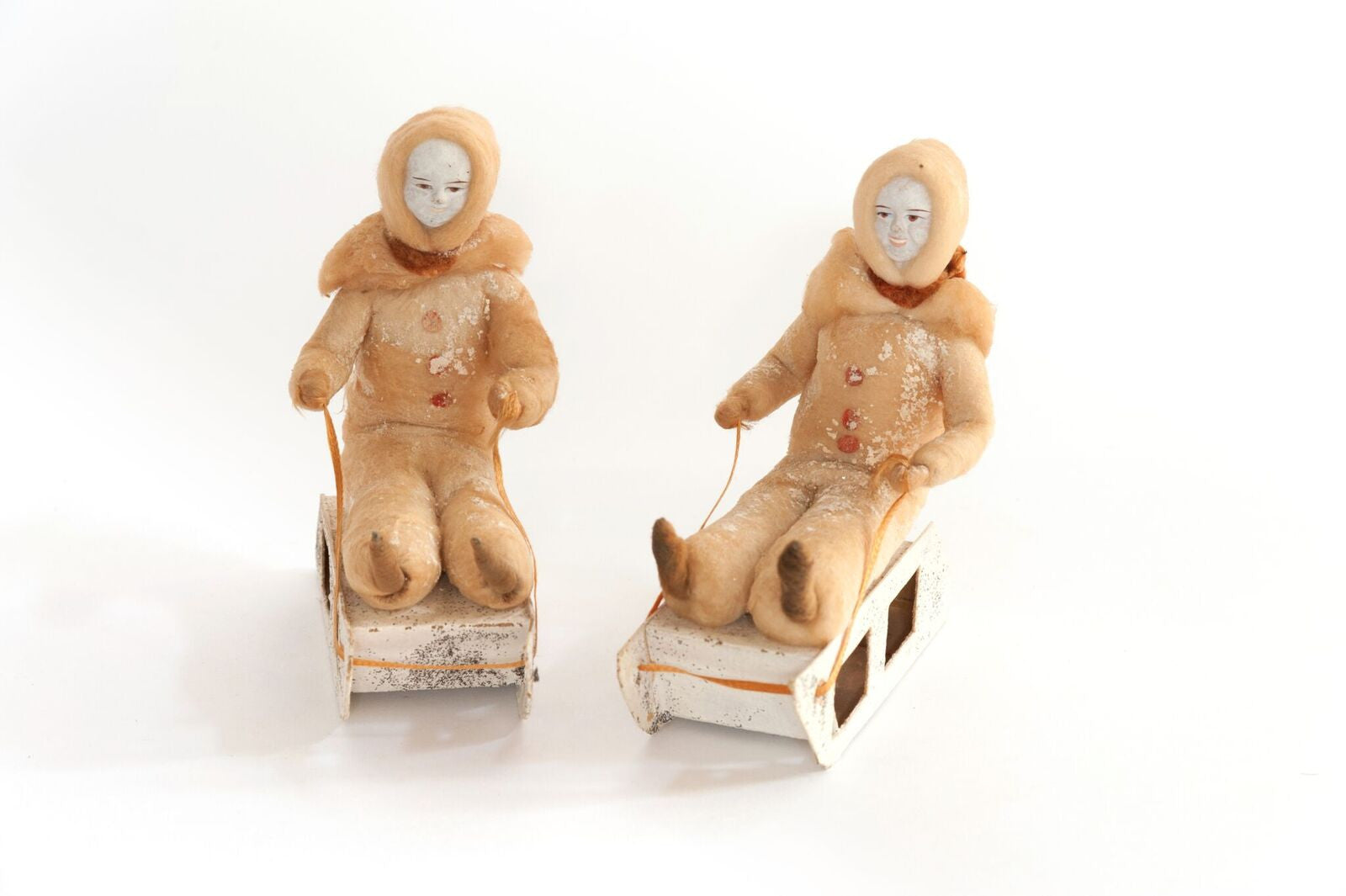 Pair Vintage 1940's Cotton Spun Batting Children on Sledges