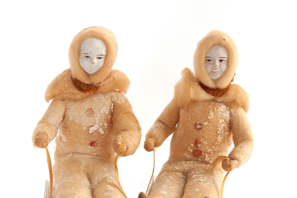 Pair Vintage 1940's Cotton Spun Batting Children on Sledges