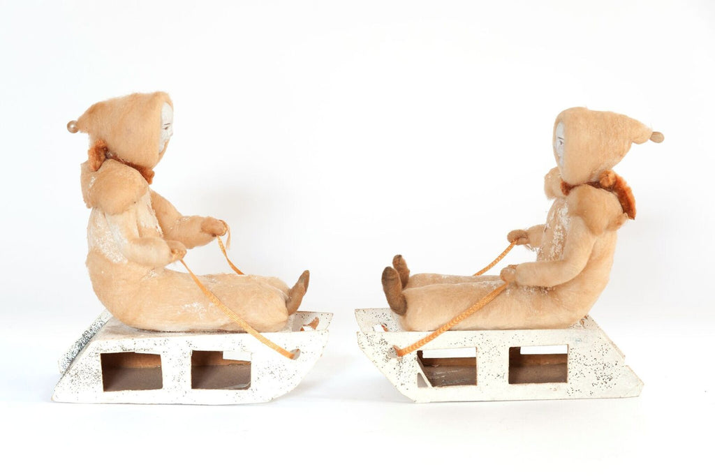 Pair Vintage 1940's Cotton Spun Batting Children on Sledges