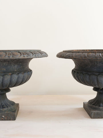 Pair Antique French Cast Iron Black Urns