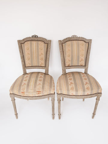 Pair Antique French Painted Chairs with bow garland crest